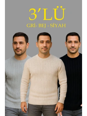 Erkek Fitilli Triko Kazak 3lü et Bej Gri iyah Regular Fit Bisiklet Yaka Triko eti Kazak odeli