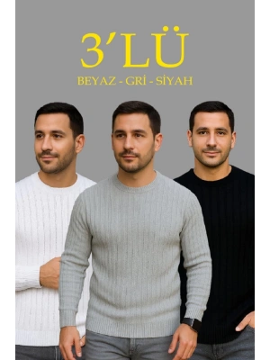 Erkek Fitilli Triko Kazak 3’lü et – Beyaz, Gri, iyahKalın Dokuma Pamuklu Regular Fit Bisiklet Yaka Uzun Kollu Kışlık Ve Baharlık Rahat Triko Kombini