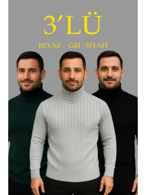 Erkek Fitilli Triko Kazak 3lÜ et Gri Haki iyah Regular Balıkcı Yaka Tam Boğazlı Triko eti odeli Kazak