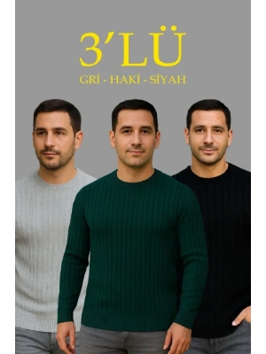 Erkek Fitilli Triko Kazak 3lü et Gri Haki iyah Regular Fit Bisiklet Yaka Triko eti odeli Kazak