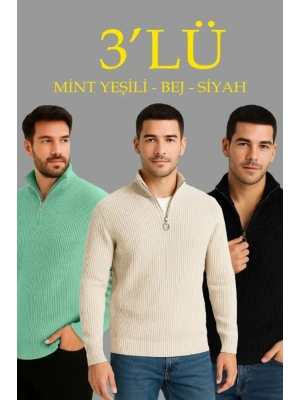 Erkek Fitilli Triko Kazak 3’lü et – int Yeşili, iyah, Bej Kalın Dokuma Pamuklu Regular Fit V Yaka Fermuarlı Uzun Kollu Rahat Kışlık Kazak Kombini