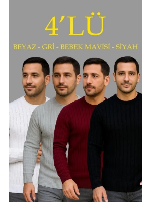 Erkek Fitilli Triko Kazak 4’lü et – Beyaz, Bordo, Gri, iyah  Kalın Dokuma Pamuklu Regular Fit Bisiklet Yaka Uzun Kollu Kışlık Ve Baharlık Rahat Triko Kombini