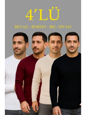 Erkek Fitilli Triko Kazak 4’lü et – Beyaz, Bordo, Gri, iyah  Kalın Dokuma Pamuklu Regular Fit Bisiklet Yaka Uzun Kollu Kışlık Ve Baharlık Rahat Triko Kombini