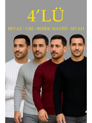 Erkek Fitilli Triko Kazak 4’lü et Beyaz Bordo Gri iyah Regular Fit Bisiklet Yaka Kazak Triko Kombini