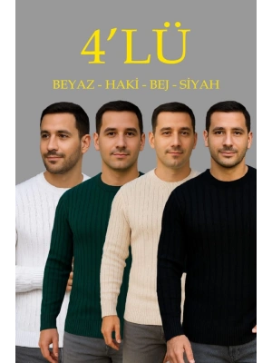 Erkek Fitilli Triko Kazak 4’lü Set – Beyaz, Haki, Bej, Siyah  Kalın Dokuma Pamuklu Regular Fit Bisiklet Yaka Uzun Kollu Kışlık Ve Baharlık Rahat Triko Kombini