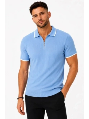 Erkek Fitilli Triko Tshirt Polo Yaka Yarım Fermuarlı Kısa Kollu Tişört  Açık avi