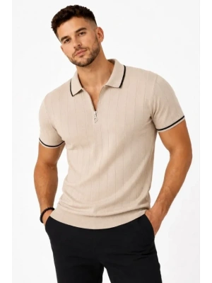 Erkek Fitilli Triko Tshirt Polo Yaka Yarım Fermuarlı Kısa Kollu Tişört  Bej