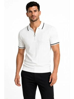 Erkek Fitilli Triko Tshirt Polo Yaka Yarım Fermuarlı Kısa Kollu Tişört  Beyaz