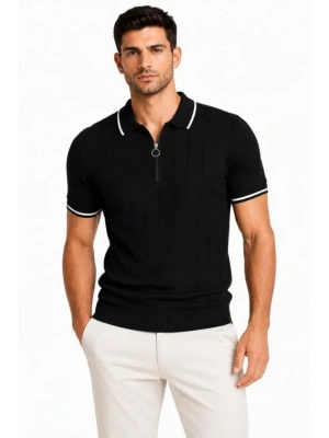 Erkek Fitilli Triko Tshirt Polo Yaka Yarım Fermuarlı Kısa Kollu Tişört  iyah