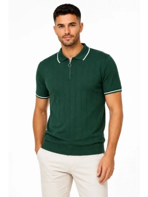 Erkek Fitilli Triko Tshirt Polo Yaka Yarım Fermuarlı Kısa Kollu Tişört  Yeşil