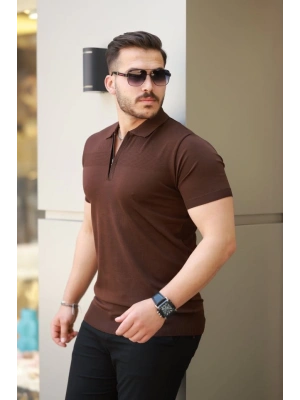 Erkek Göğüs Pirinç Desenli Fermuar Yakalı Kısa Kollu Tişört