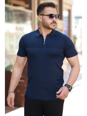 Erkek Göğüs Pirinç Desenli Fermuar Yakalı Kısa Kollu Tişört