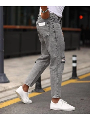 Erkek Gri Yıkama Yırtık Detaylı Boyfriend Jean