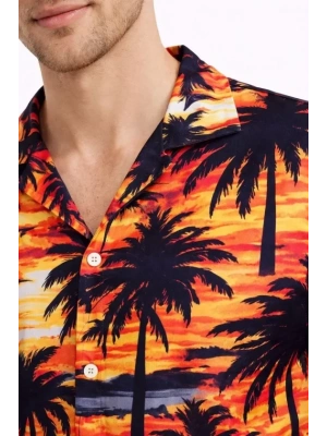 Erkek Gün Batımı Palmiye Desenli Kısa Kol Gömlek Hawaii Tarz Yazlık Rahat Kalıp  Desenli