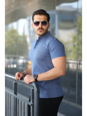 Erkek Hakim Yaka Dokuma Pamuklu Kumaş Kısa Kollu Tişört