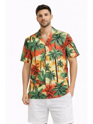 Erkek Hawaii Tarz Tropikal Palmiye Desenli Kısa Kol Gömlek Rahat Kalıp Yazlık  Desenli