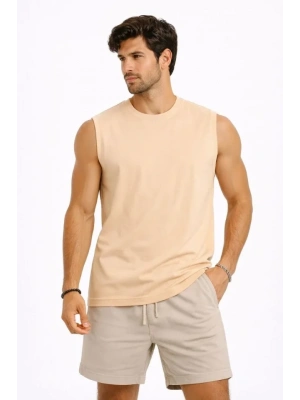 Erkek ıfır Kolsuz Atlet Bisiklet Yaka Oversize Basic por Üst, Günlük Ve Fitness Kullanımına Uygun  Bej