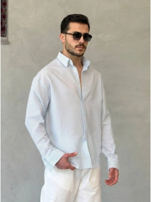 Erkek İnce Çizgili Gofre Kumaş Rahat Kalıp Gömlek