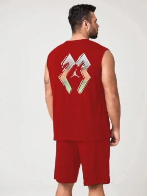Erkek ırt Baskılı ıfır Kol İkili Şort Takım  Kırmızı