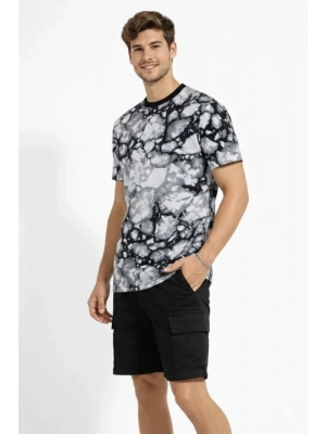 Erkek iyah Gri Taş Desenli Tişört – Regular Fit, Bisiklet Yaka, Dijital Baskılı odern Tasarım Thirt  iyah