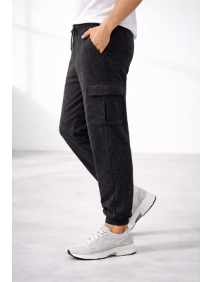 Erkek Jogger Eşofman Altı Regular Fit , Kargo Cepli, astikli Paça, Günlük por Pantolon  Füme