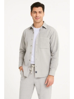 Erkek Kadife Oversize Takım – Gömlek Ve Pantolon İkili et Füme Corduroy Şıklığı, Rahat Ve Zarif Duruş Yumuşak Dokulu Kadife Kumaş, Düğmeli Gömlek Üst Ve astikli Pantolon Alt Parça Ile Gün Boyu Konfor Gri