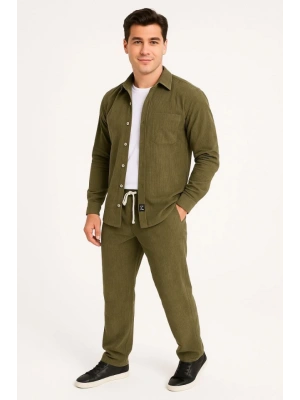Erkek Kadife Oversize Takım – Gömlek Ve Pantolon İkili et Füme Corduroy Şıklığı, Rahat Ve Zarif Duruş Yumuşak Dokulu Kadife Kumaş, Düğmeli Gömlek Üst Ve astikli Pantolon Alt Parça Ile Gün Boyu Konfor Haki
