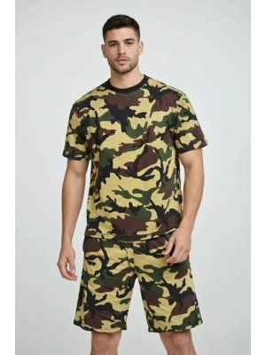 Erkek Kamuflaj Desenli Tişört Şort Takım – Regular Fit Günlük por 2’li Yazlık Kombin  Kamuflaj