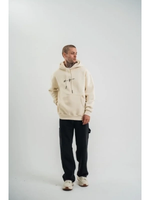 Erkek Kapşonlu Double Oversize Dijital Patchli weathirt  Krem