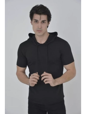 Erkek Kapşonlu lim Fit Tshirt  iyah