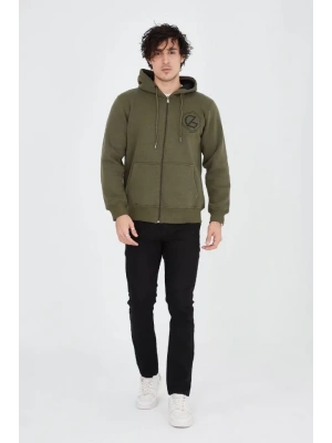 Erkek Kapüşonlu Baskılı Fermuarlı Hırka  Yeşil