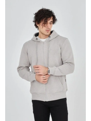 Erkek Kapüşonlu Düz Fermuarlı Hırka  Boyalı Gri