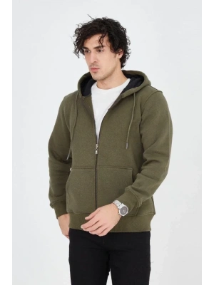 Erkek Kapüşonlu Düz Fermuarlı Hırka  Yeşil