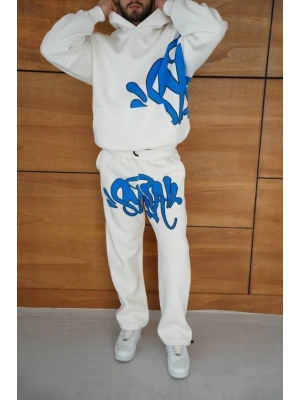 Erkek Kapüşonlu Eşofman Takım Graffiti BaskılıOversize Rahat Kalıp, Kanguru Cepli, treetwear Tarzında Premium Ürün 3 Iplik Pamuklu  Beyaz