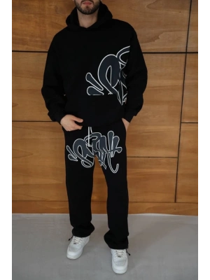 Erkek Kapüşonlu Eşofman Takım Graffiti Baskılı Oversize Rahat Kalıp, Kanguru Cepli, treetwear Tarzında Premium Ürün 3 Iplik Pamuklu  iyah