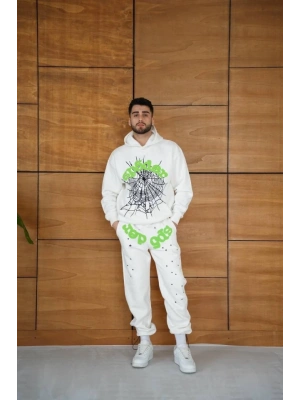 Erkek Kapüşonlu Eşofman Takım Örümcek Ağı Ve Neon Yeşil Baskılı Kanguru Cepli Oversize Rahat Kalıp, Premium Üç İplik Kumaş  Beyaz