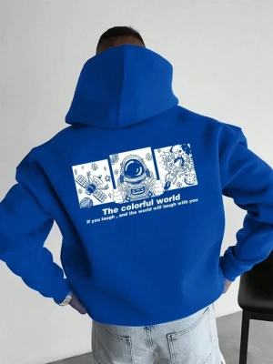 Erkek Kapüşonlu Oversize Hoodie – Üç İplik Pamuklu, Astronot Temalı Renkli Dünya Baskılı, Kanguru Cepli Premium weatshirt  aks avi