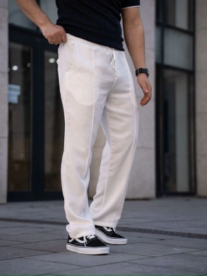 Erkek Keten Cepli Çıma Dikişli Jogger Buggy Pantalon Rahat Kalıp  Beyaz