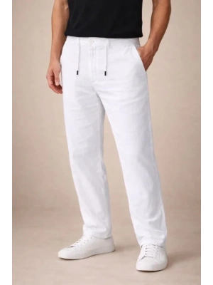 Erkek Keten Cepli Pantolon astikli Bel Bağcıklı Önden Fermuarlı  Beyaz