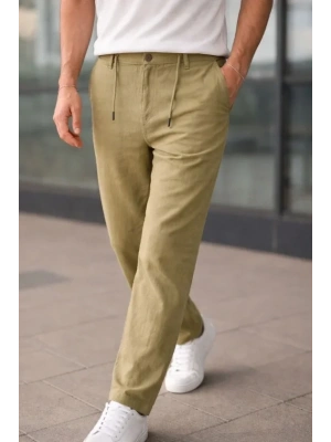 Erkek Keten Cepli Pantolon astikli Bel Bağcıklı Önden Fermuarlı  int Yeşili