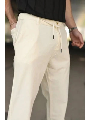 Erkek Keten Cepli Pantolon astikli Bel Bağcıklı Önden Fermuarlı  Krem