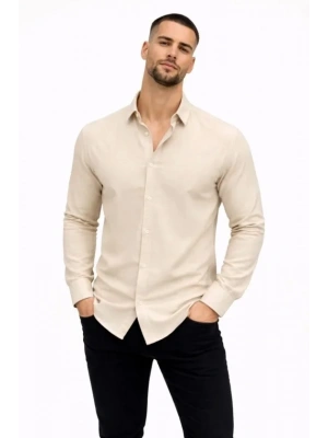 Erkek KETEN Kumaş Oversize Uzun Kollu Rahat Kalıp Gömlek  Bej