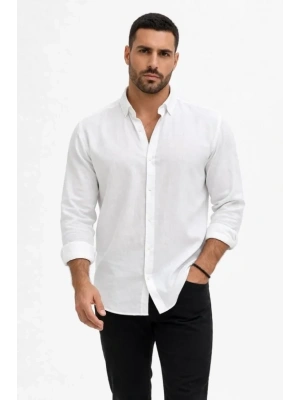 Erkek KETEN Kumaş Oversize Uzun Kollu Rahat Kalıp Gömlek  Beyaz
