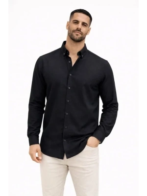 Erkek KETEN Kumaş Oversize Uzun Kollu Rahat Kalıp Gömlek  iyah