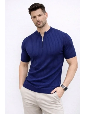 Erkek Kısa Kol Fitilli Triko Thirt Yazlık Hakim Yaka Tişört  acivert