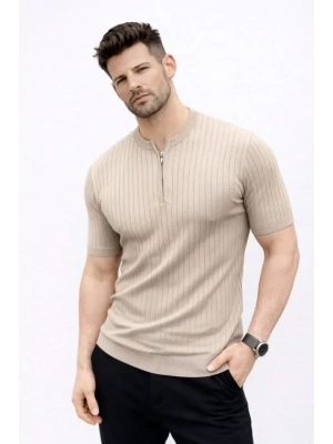 Erkek Kısa Kol Fitilli Triko Thirt Yazlık Hakim Yaka Tişört  Bej
