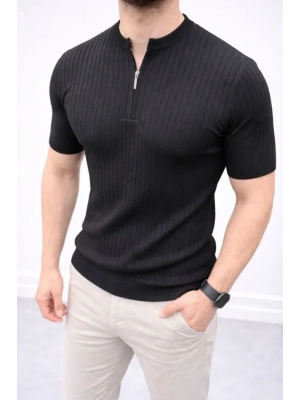 Erkek Kısa Kol Fitilli Triko Thirt Yazlık Hakim Yaka Tişört  iyah