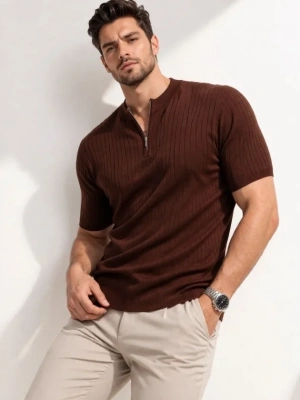 Erkek Kısa Kol Fitilli Triko Thirt Yazlık Hakim Yaka Tişört  Kahverengi