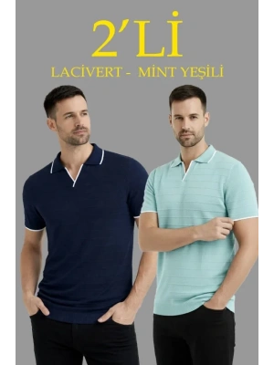 Erkek Kısa Kol Fitilli Triko Yakalı Düğmesiz Tshirt  2li et iyahint Yeşili