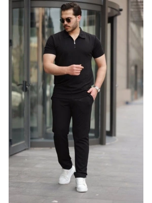 Erkek Kısa Kollu önden Fermuarlı Janjan Krep Bluz Ve Pantolon Ikili Takım